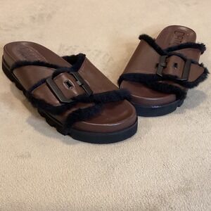 Deltan Bennie Leather Faux Fur Lined Buckle Detail Slides Size US 8, UK 6, EU 39